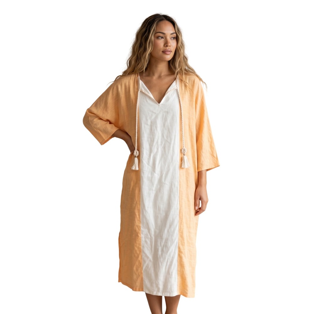 SIGRID OLSEN Boho Linen Blend Caftan Tunic Dress Colorblock Medium Orange $120